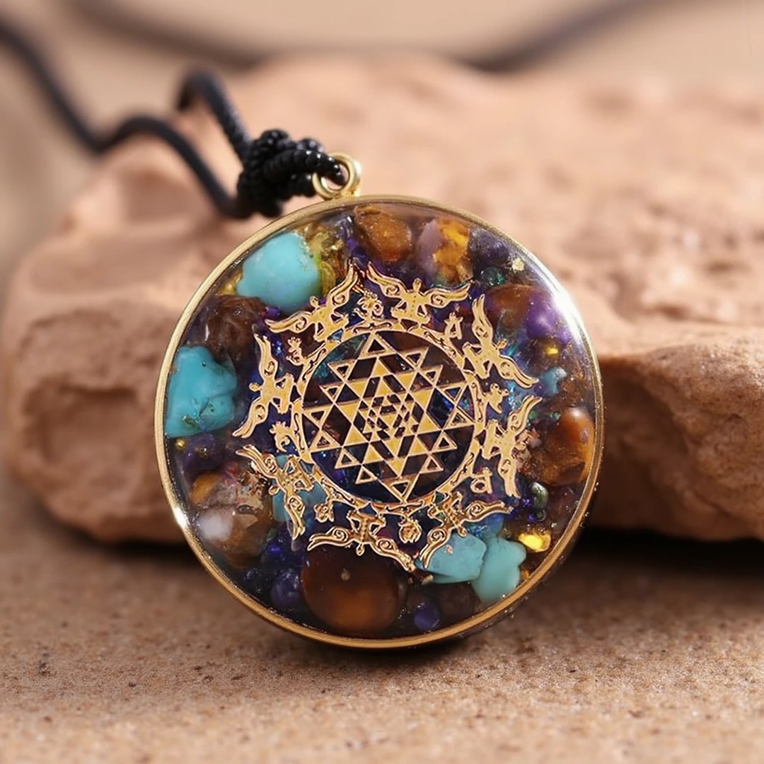Orgonite Pendant “Sri Yantra” in Turquoise & Tiger’s Eye