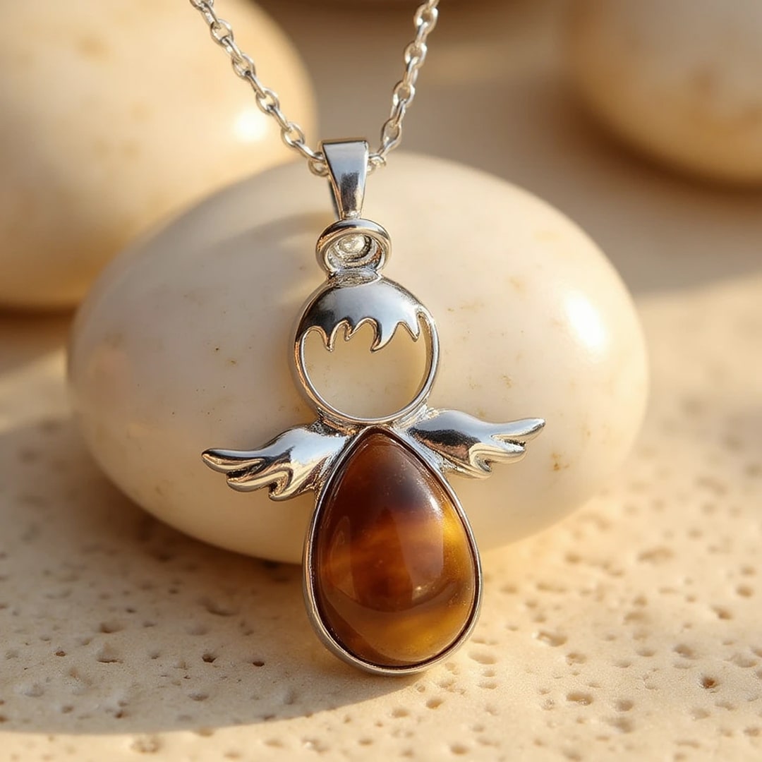 Pendentif Petit Ange et sa Pierre Naturelle - œil de Tigre - L'Arbre des Chakras