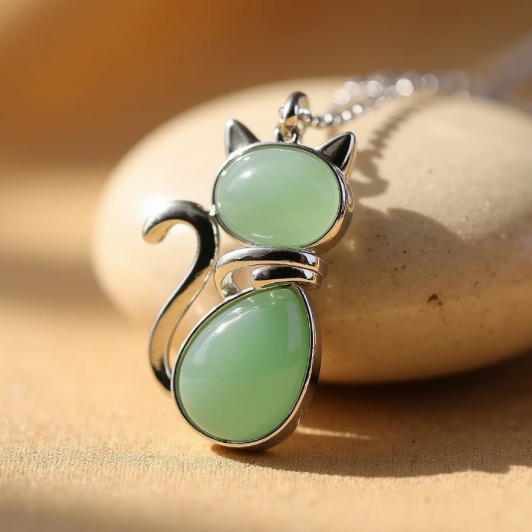 Pendentif Chat en Pierre Naturelle - Aventurine Verte - L'Arbre des Chakras