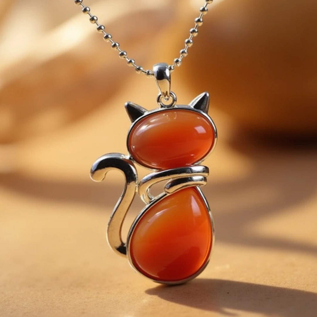 Pendentif Chat en Pierre Naturelle - Agate Rouge - L'Arbre des Chakras