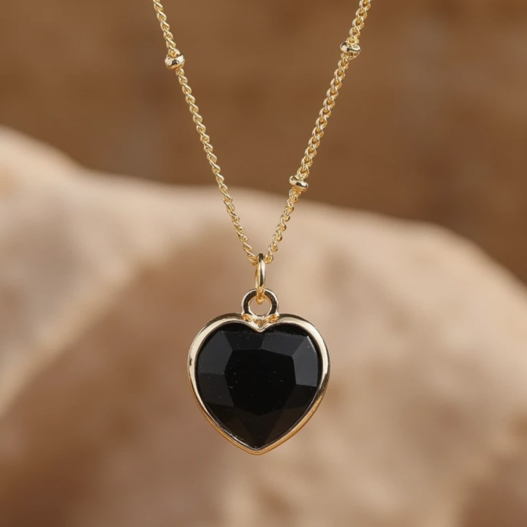 Pendentif Coeur en Pierre Naturelle - Agate Noire - L'Arbre des Chakras