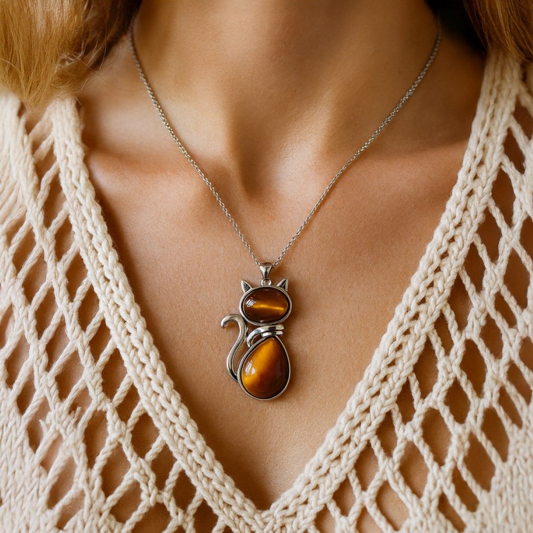 Cat Pendant in Natural Stone