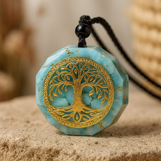 Pendentif Orgonite "Anahata" en Turquoise - Arbre Or - L'Arbre des Chakras